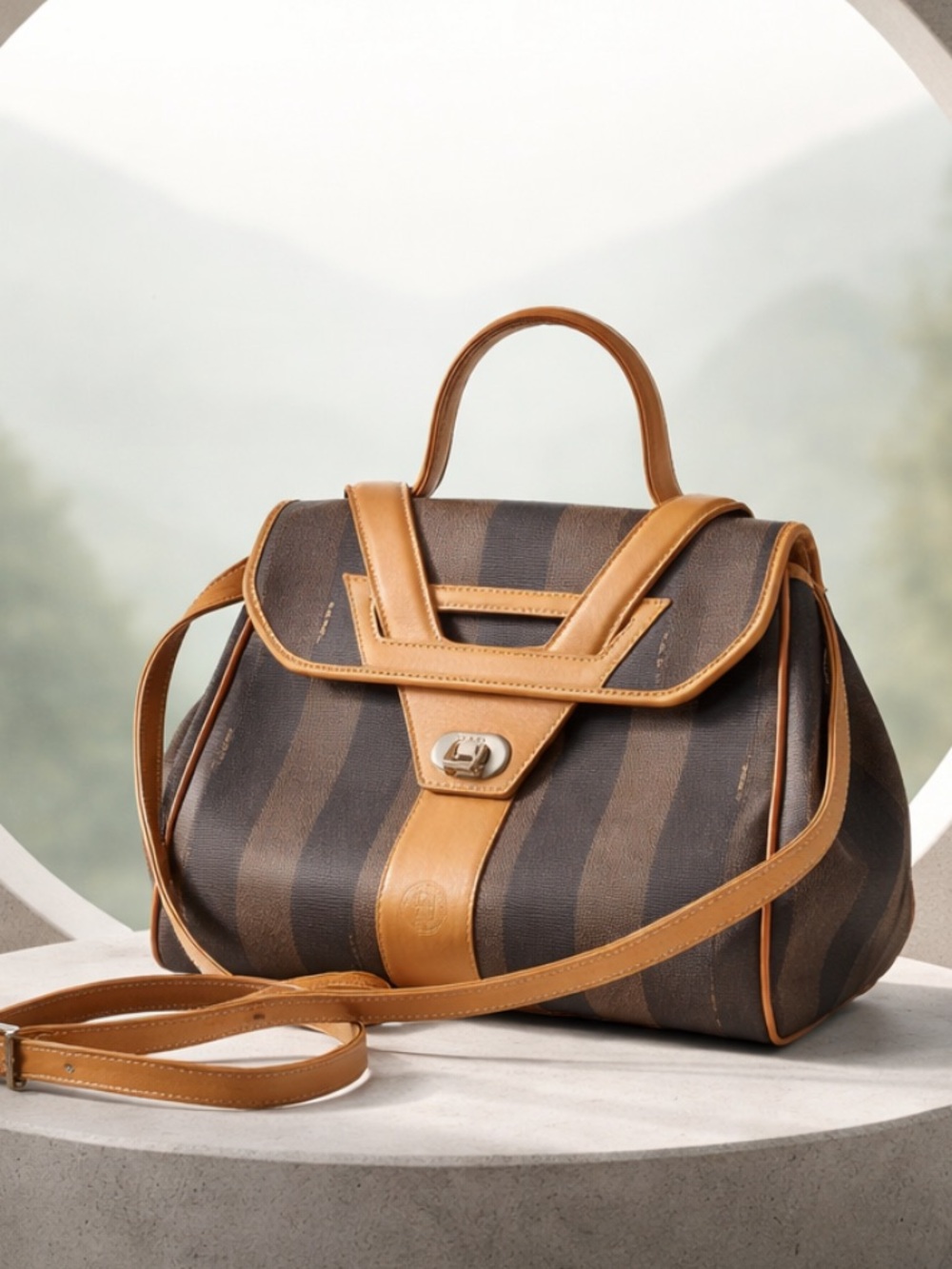 Fendi Pequin Black & Tan Striped Handbag/Crossbody Bag with Leather Trim.